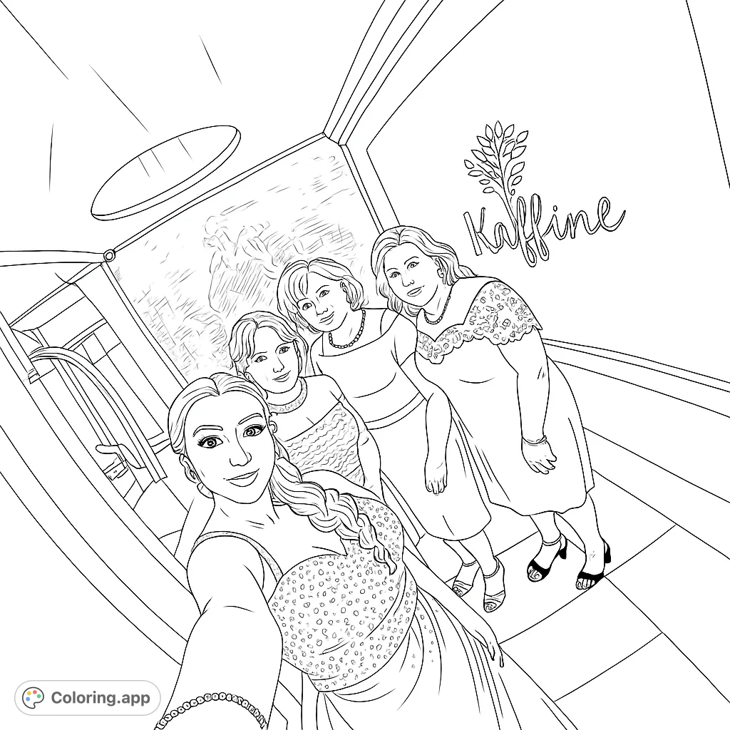 Four elegantly dressed women pose for a glamorous selfie, featuring intricate gowns, sparkling accessories, and a stylish background.