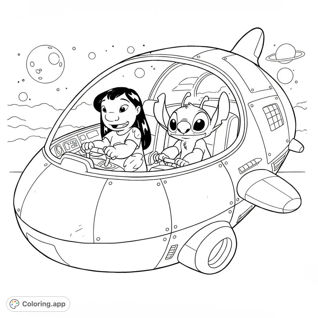Join Lilo and Stitch on a cosmic adventure in their spaceship! A fun, free printable Lilo and Stitch coloring page for all ages.