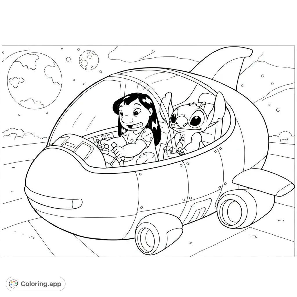 Join Lilo and Stitch on a cosmic adventure in their spaceship! A fun, free printable Lilo and Stitch coloring page for all ages.