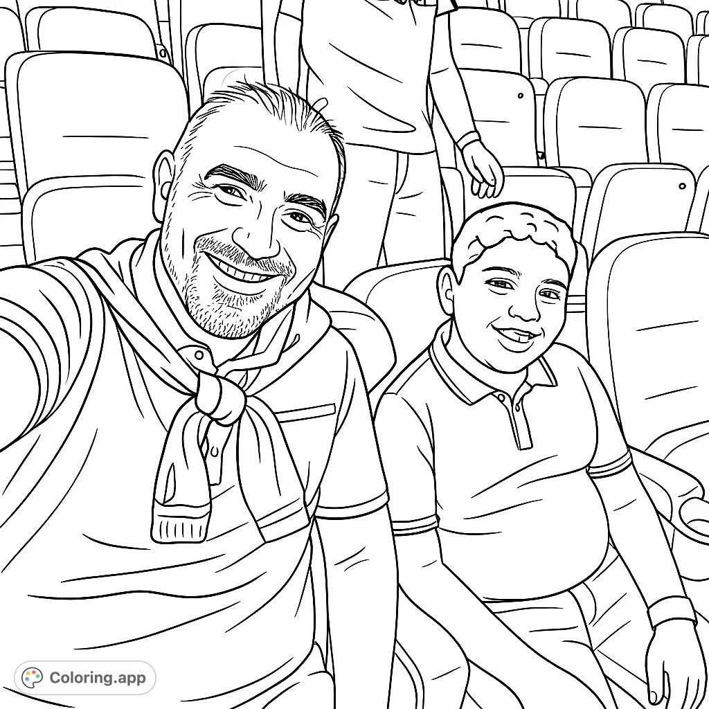 A heartwarming stadium scene featuring a smiling father and son, ready for a fun day. Perfect for family bonding and sports fans.