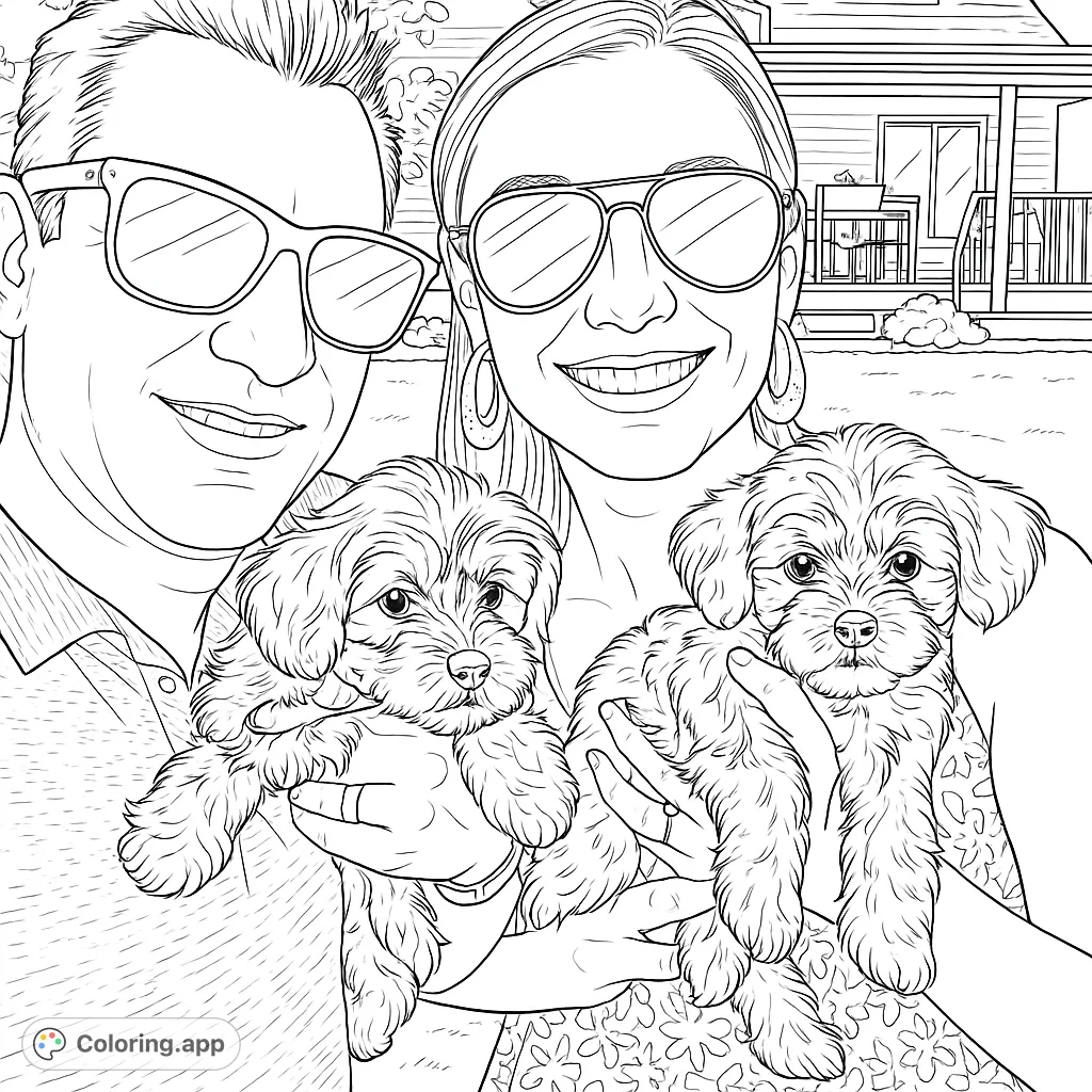 A heartwarming puppy love coloring page featuring a smiling couple holding two adorable, fluffy puppies. Perfect for pet lovers and family fun.