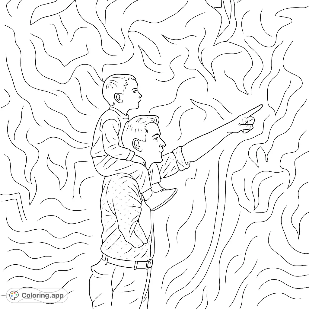 A heartwarming scene of a father giving his child a shoulder ride, pointing towards an exciting, swirling background. Perfect for family fun.