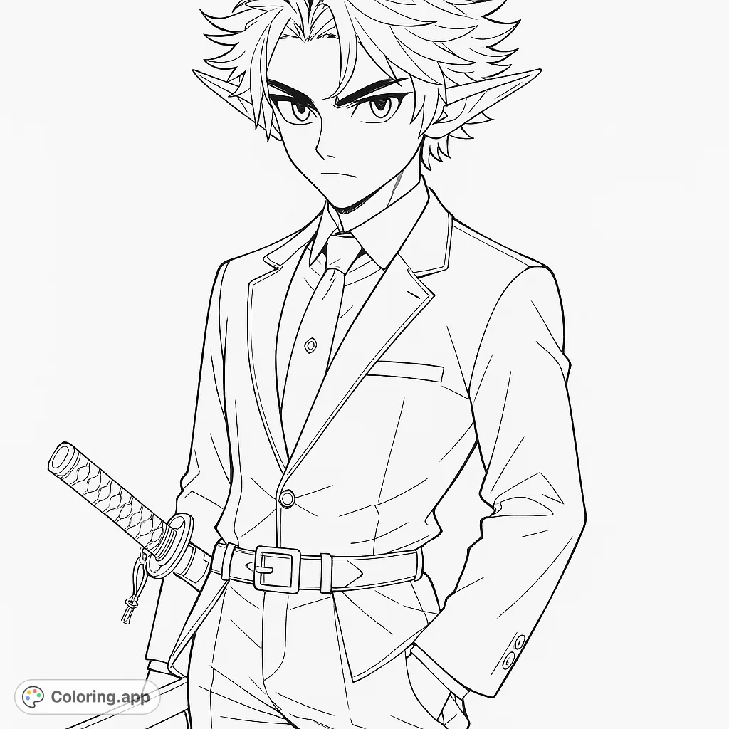 An anime elf in a sharp suit with a katana, featuring spiky hair and pointed ears. A cool fantasy character ready for your creative colors!