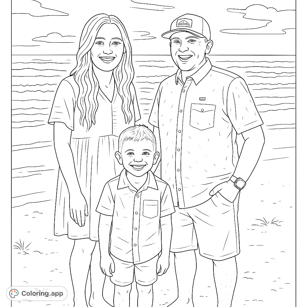 A joyful family of three smiles on a sandy beach with ocean waves, a perfect family beach coloring page for all ages.