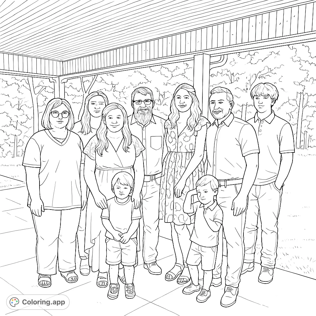 A heartwarming family group stands together under a porch, ready for vibrant colors. This free printable family gathering coloring page is perfect for all ages.