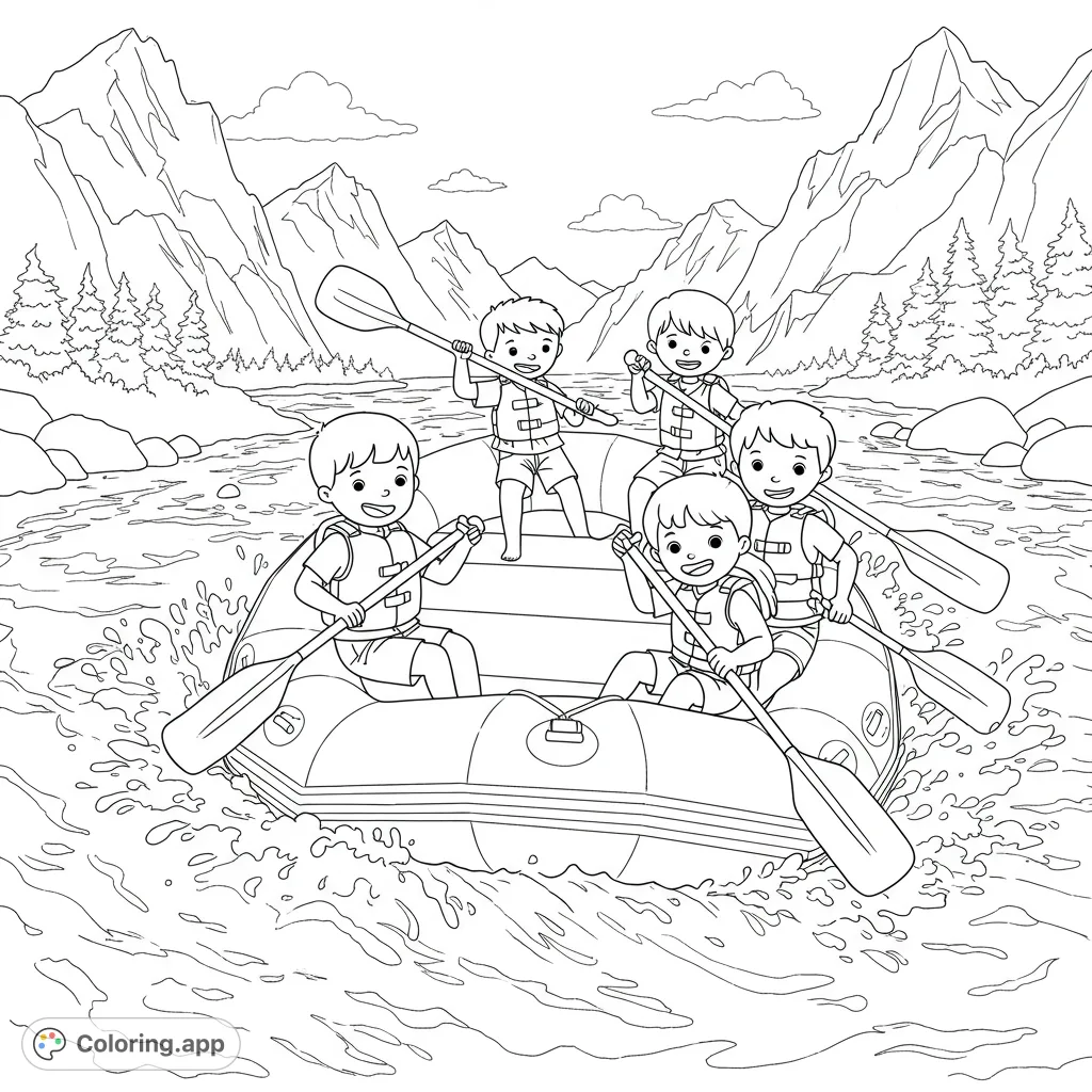 An exciting rafting trip coloring page featuring six kids paddling through wild river rapids in the Rocky Mountains, perfect for adventure lovers.