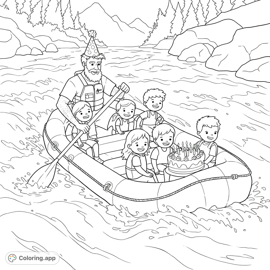 A thrilling river rafting birthday scene featuring Joe, six kids, a raft, and a birthday cake amidst exciting rapids. Perfect for a fun coloring challenge!