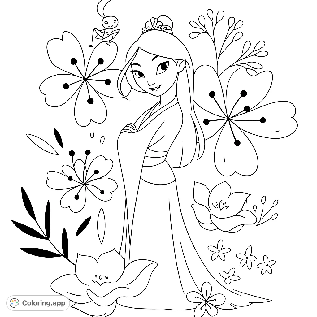 A beautiful Mulan coloring page featuring the brave heroine with her cricket friend amidst elegant cherry blossoms and floral designs. Free printable coloring page for kids and adults.
