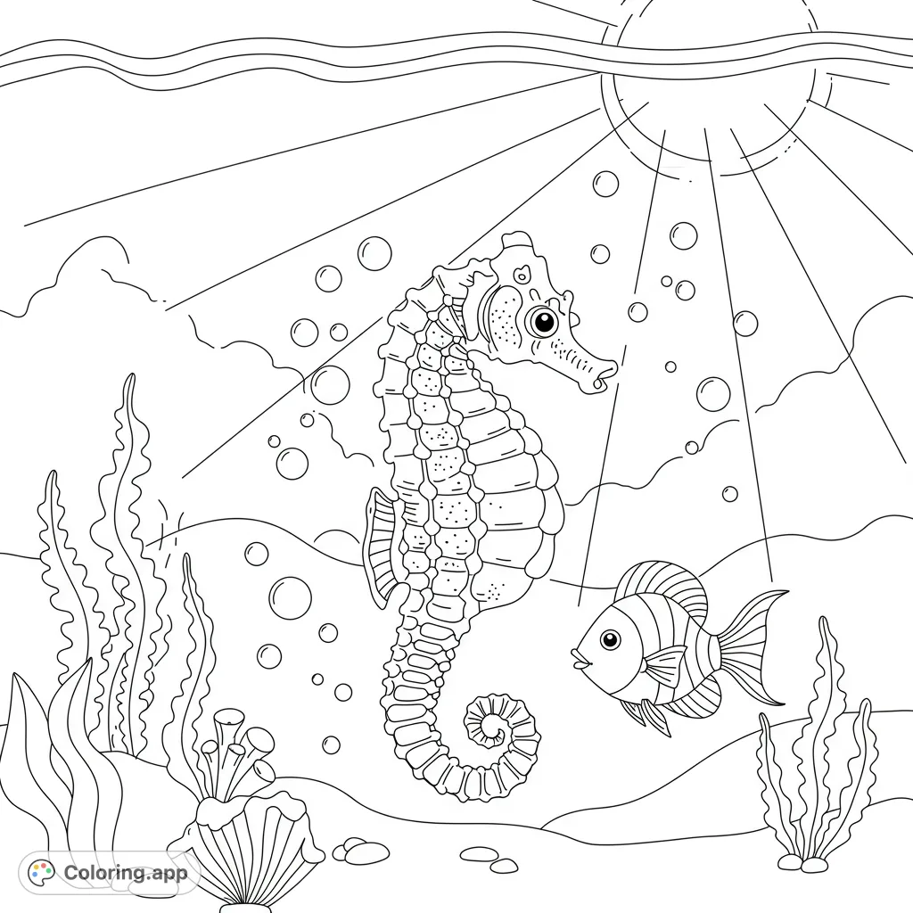Dive into an enchanting ocean coloring page featuring a graceful seahorse, friendly fish, and sunlit waters. Perfect for all ages.