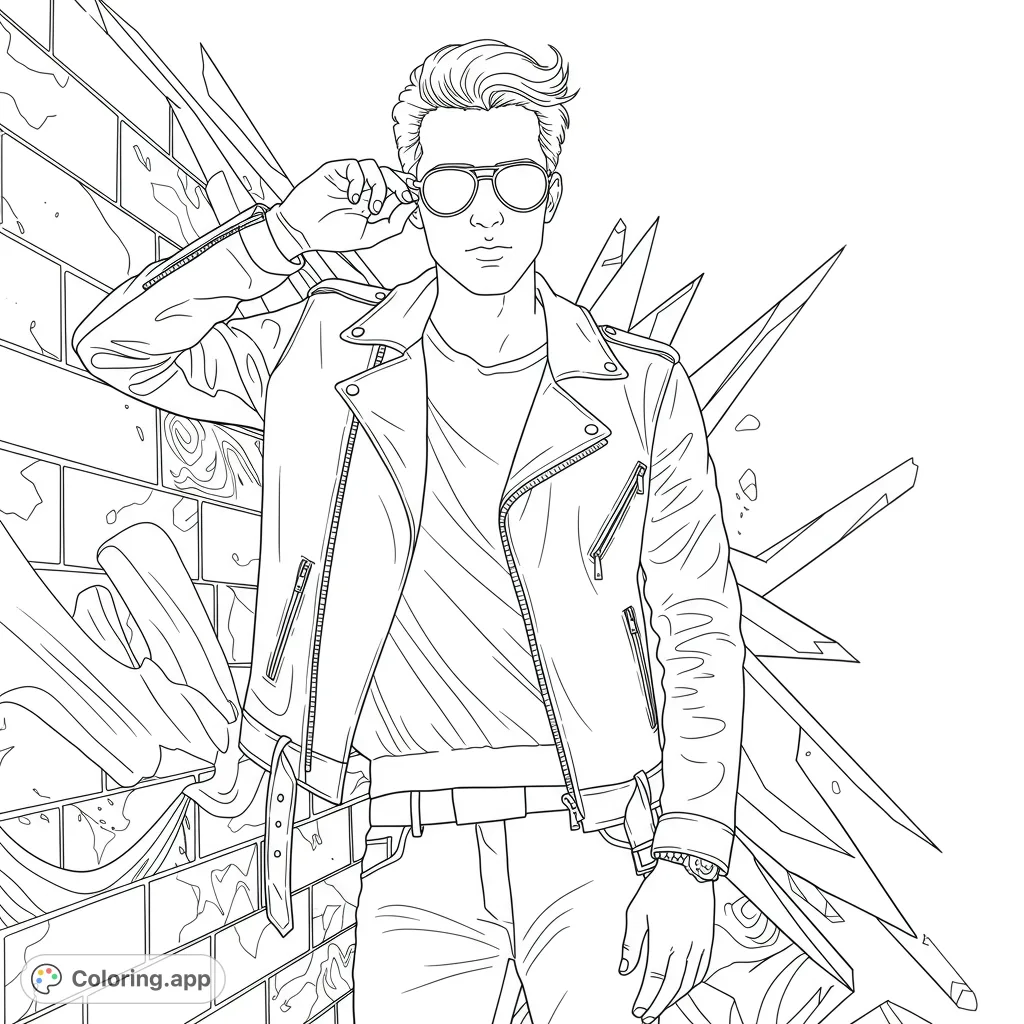 A dynamic Ryan coloring page featuring a confident pose, leather jacket, and abstract urban background. A free printable coloring page for teens and adults.