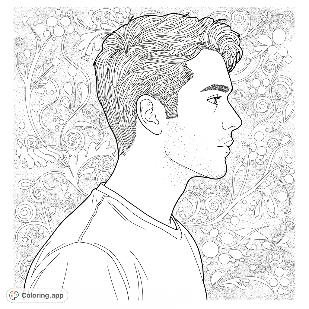A thoughtful Ryan in profile, set against swirling organic lines and dot patterns. A unique portrait coloring page for mindful creativity.