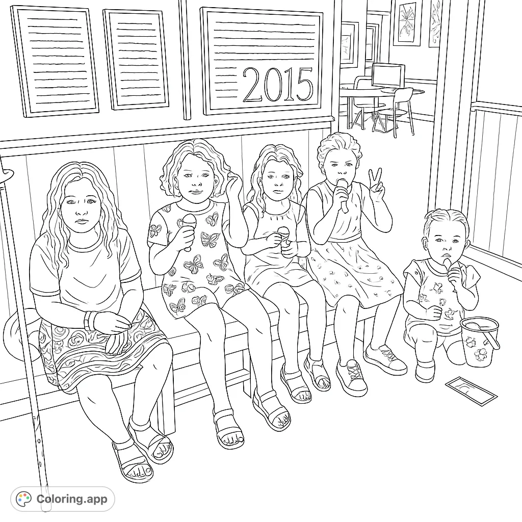Five cheerful girls enjoying a fun moment together, perfect for a kids' activity. Features playful poses and detailed outfits.