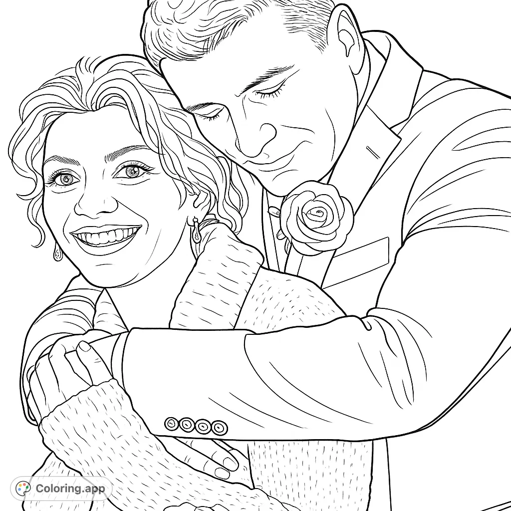 A heartwarming romantic embrace featuring a couple, perfect for celebrating love. A free printable love coloring page for adults and teens.