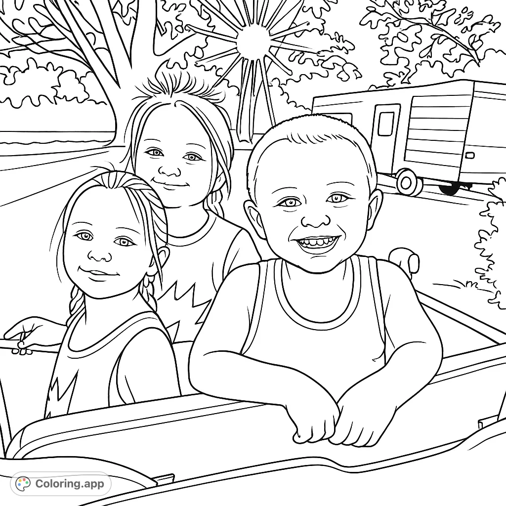 A joyful scene featuring three smiling children in an outdoor setting, perfect for a fun and engaging happy children coloring page.