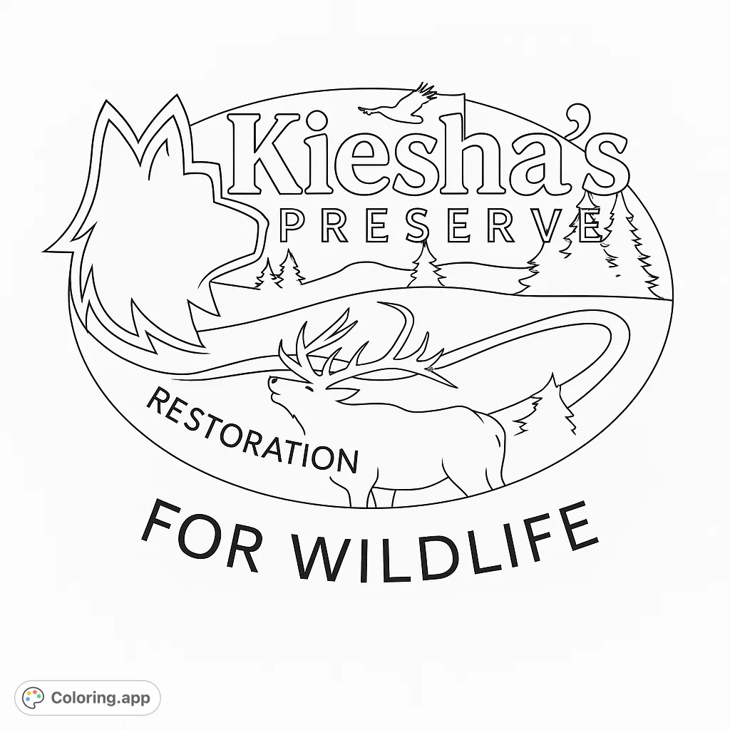 Explore a vibrant wildlife preserve featuring a majestic wolf, soaring eagle, and graceful elk amidst mountains and forests. A free printable nature coloring page.