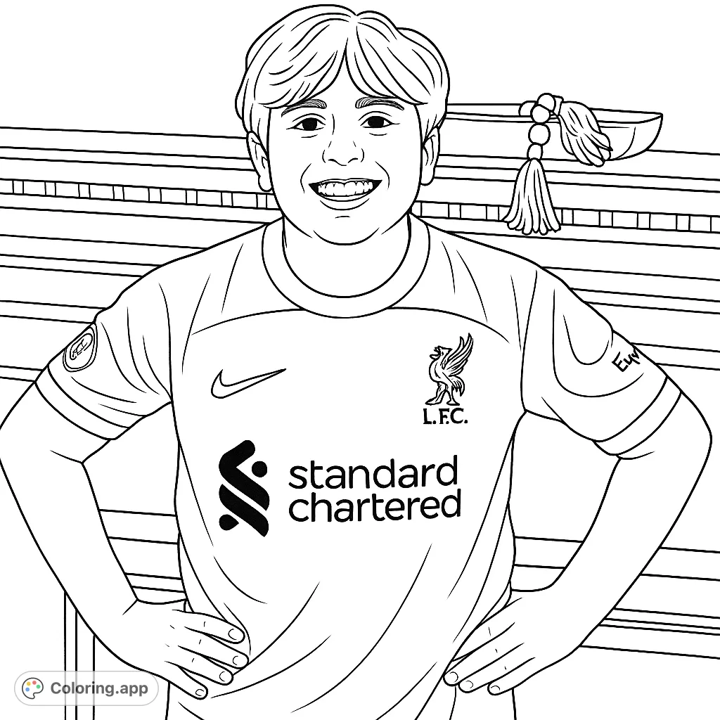 A cheerful boy in a soccer jersey, hands on hips, ready for action. A fun, free printable sports coloring page for kids and fans of all ages.