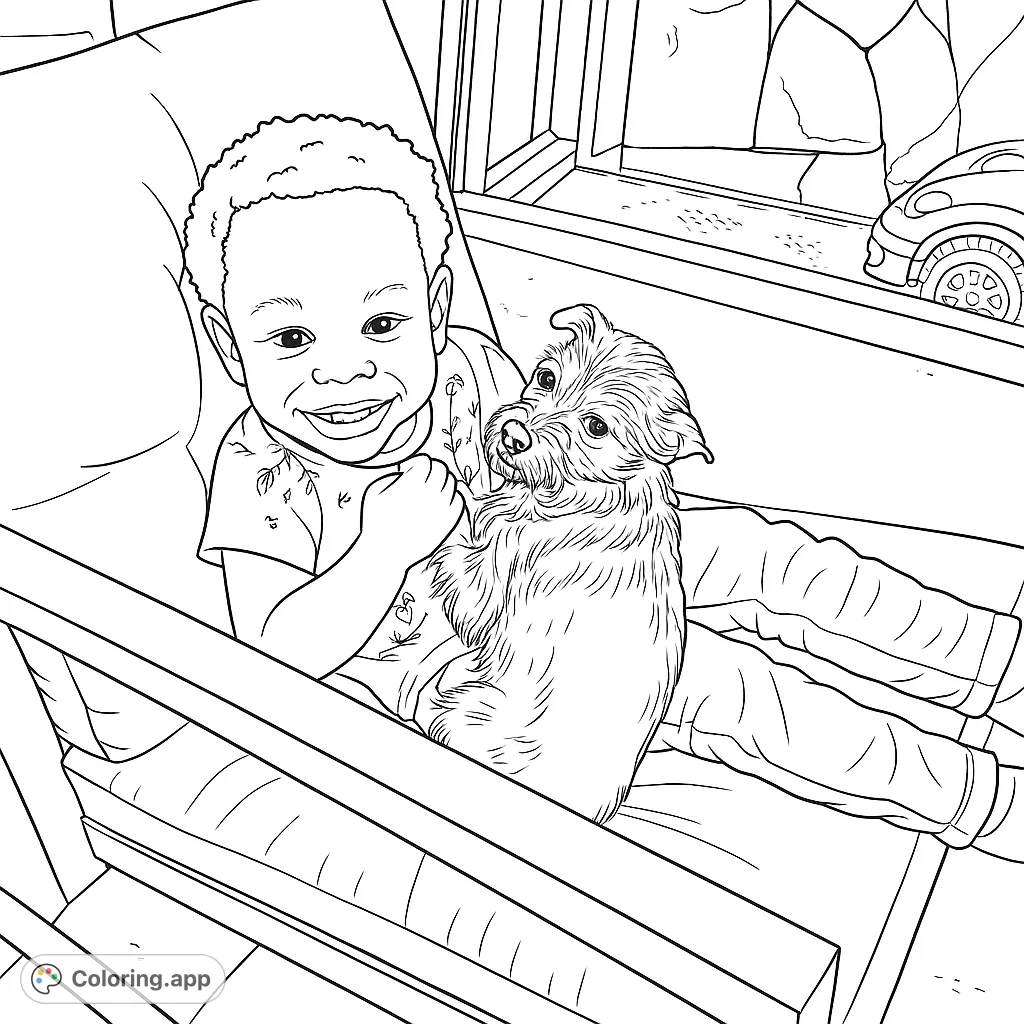 A heartwarming child and dog coloring page featuring a smiling boy relaxing on a lounge chair with his furry companion. Free printable coloring page for kids.