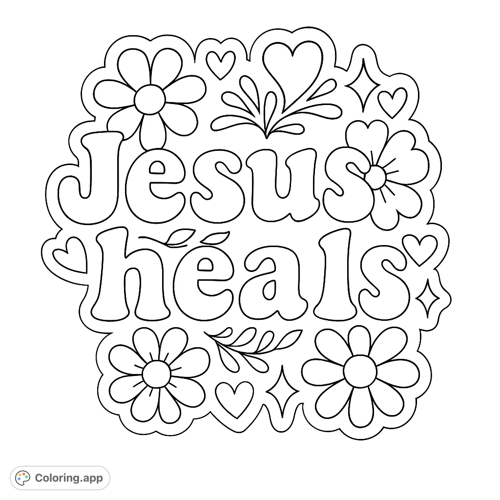 Charming retro floral coloring page with hearts and stars. Free printable coloring page for kids and adults, perfect for creative expression.