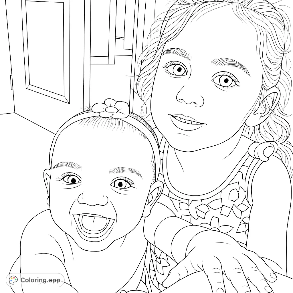 Capture the heartwarming bond of two happy siblings in this delightful siblings coloring page, featuring a laughing baby and a smiling older sister.
