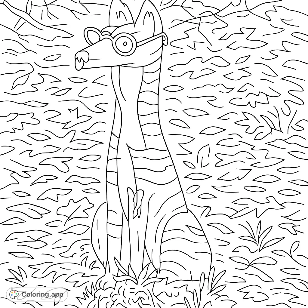 A charming, stylized fox statue wearing cool round glasses, standing amidst fallen leaves and grass. This unique and fun coloring page is perfect for all ages.