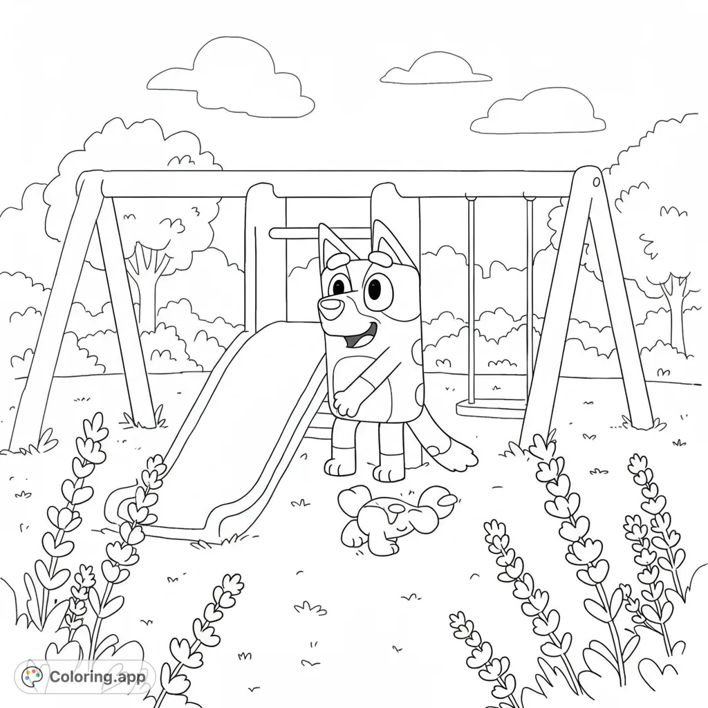 Join Bluey on a sunny playground adventure, surrounded by beautiful lavender flowers. A delightful scene for kids and adults to color!