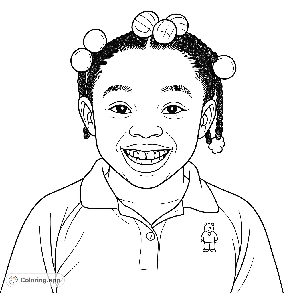 A cheerful girl with beaded braids and a wide smile, perfect for a delightful coloring experience. Free printable portrait for kids and adults.