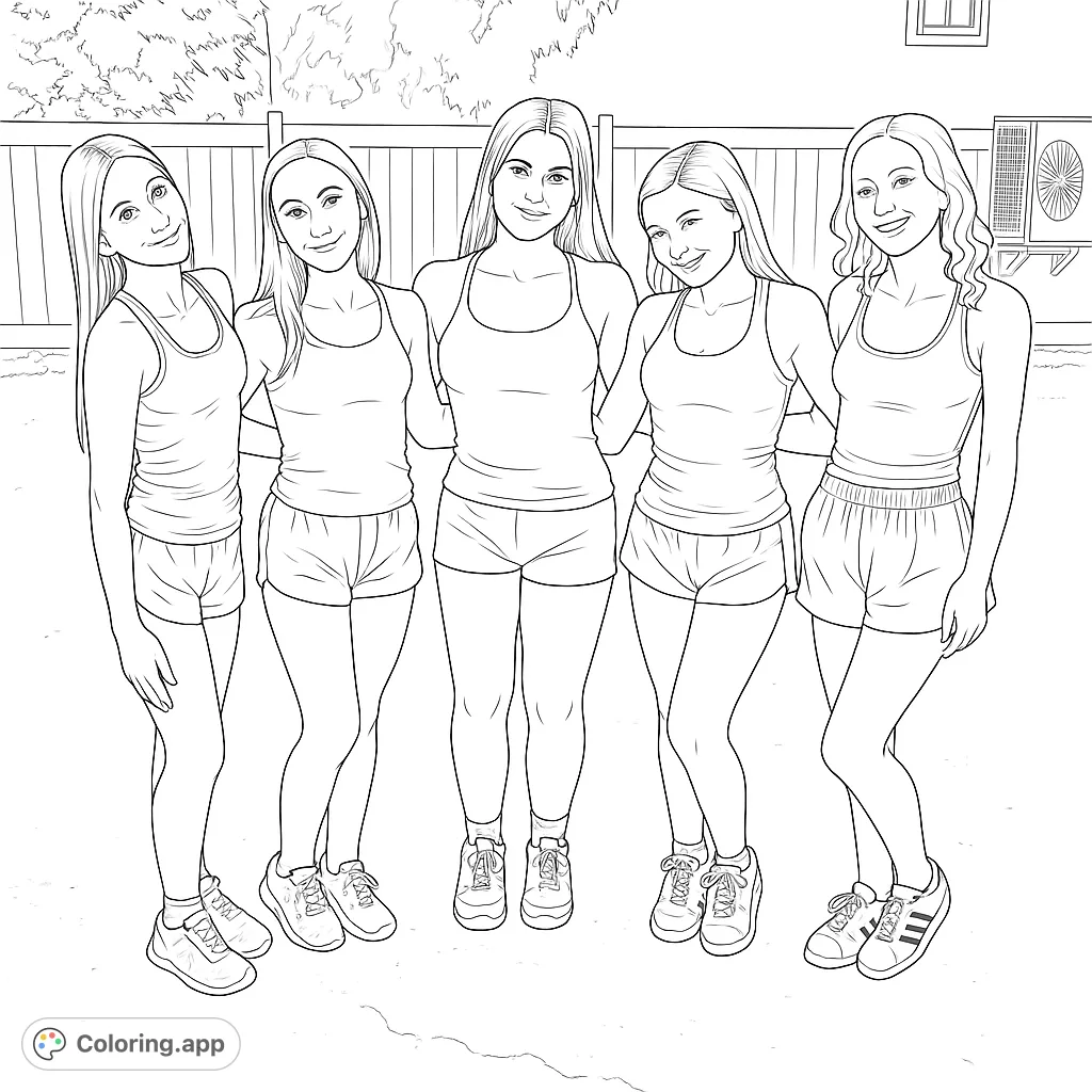 A heartwarming friendship coloring page featuring five smiling girls in casual outfits, perfect for celebrating bonds and creativity.