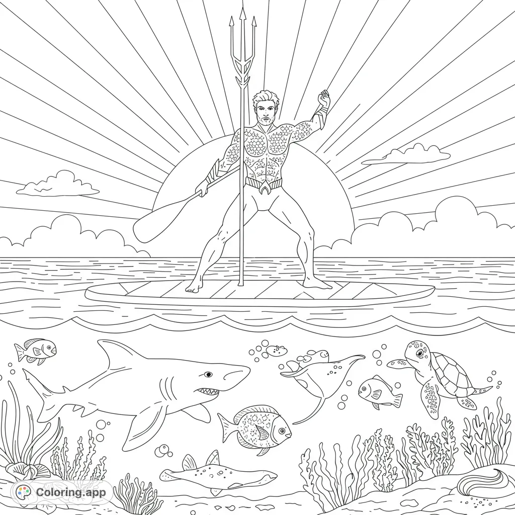 Aquaman finds zen on a paddleboard at sunset, surrounded by a vibrant underwater world of sharks, fish, and turtles. A dynamic superhero coloring page.