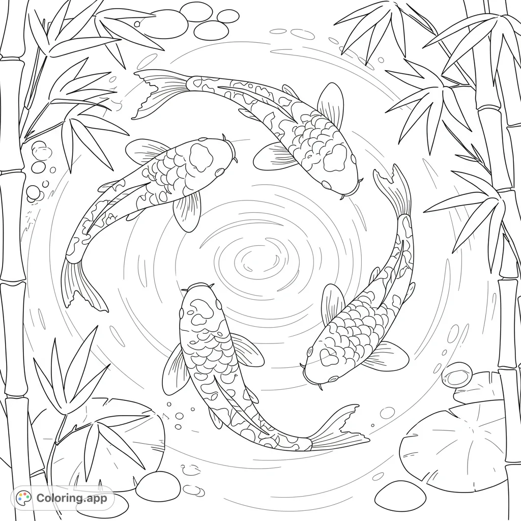 A serene koi fish pond coloring page featuring graceful koi swimming amidst elegant bamboo, perfect for relaxation and creative expression.