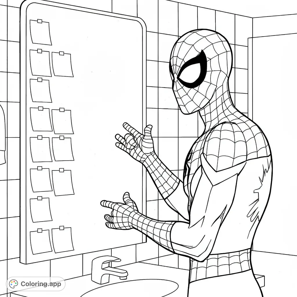 A unique Spiderman coloring page featuring him at a mirror, speaking positive affirmations. Perfect for a free printable superhero coloring page promoting self-love.