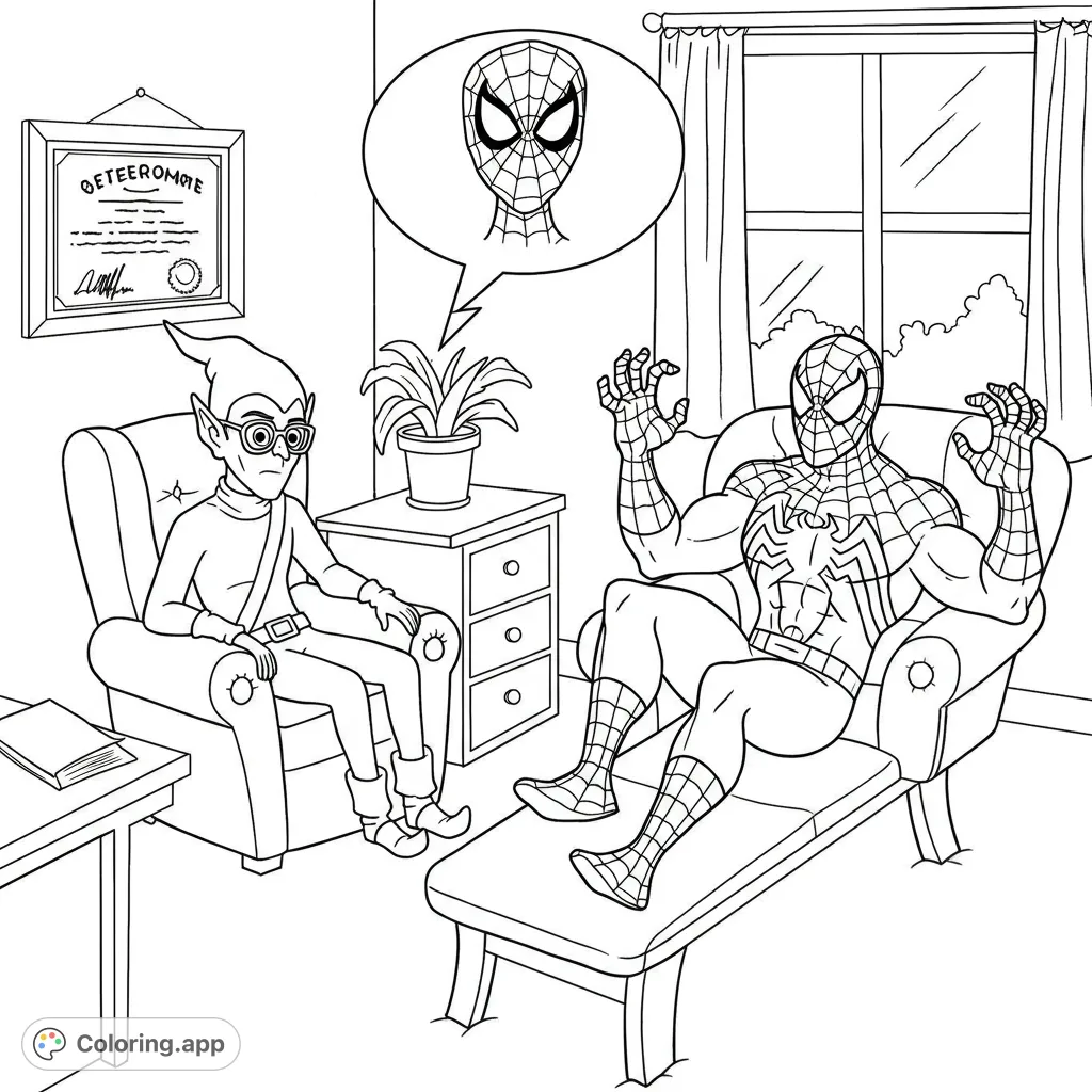 A hilarious superhero therapy session featuring Green Goblin as the therapist for Venom, who's thinking about Spider-Man. A unique, funny coloring page!