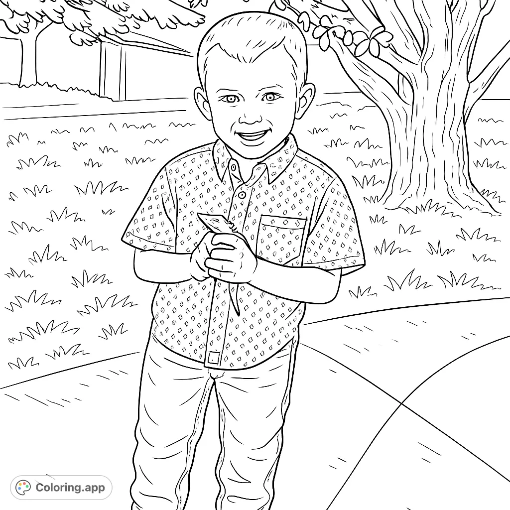 A cheerful boy holds a toy longhorn, ready for adventure. This free printable coloring page features a young cowboy with his favorite toy, perfect for kids.