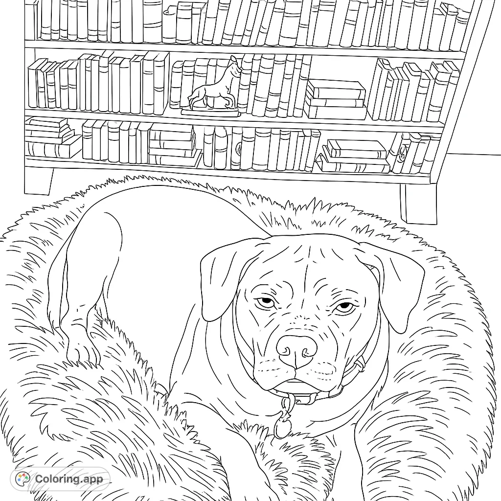 A charming dog rests on a fluffy bed, with a detailed bookshelf chair in the background. Perfect for pet lovers and cozy scene enthusiasts.