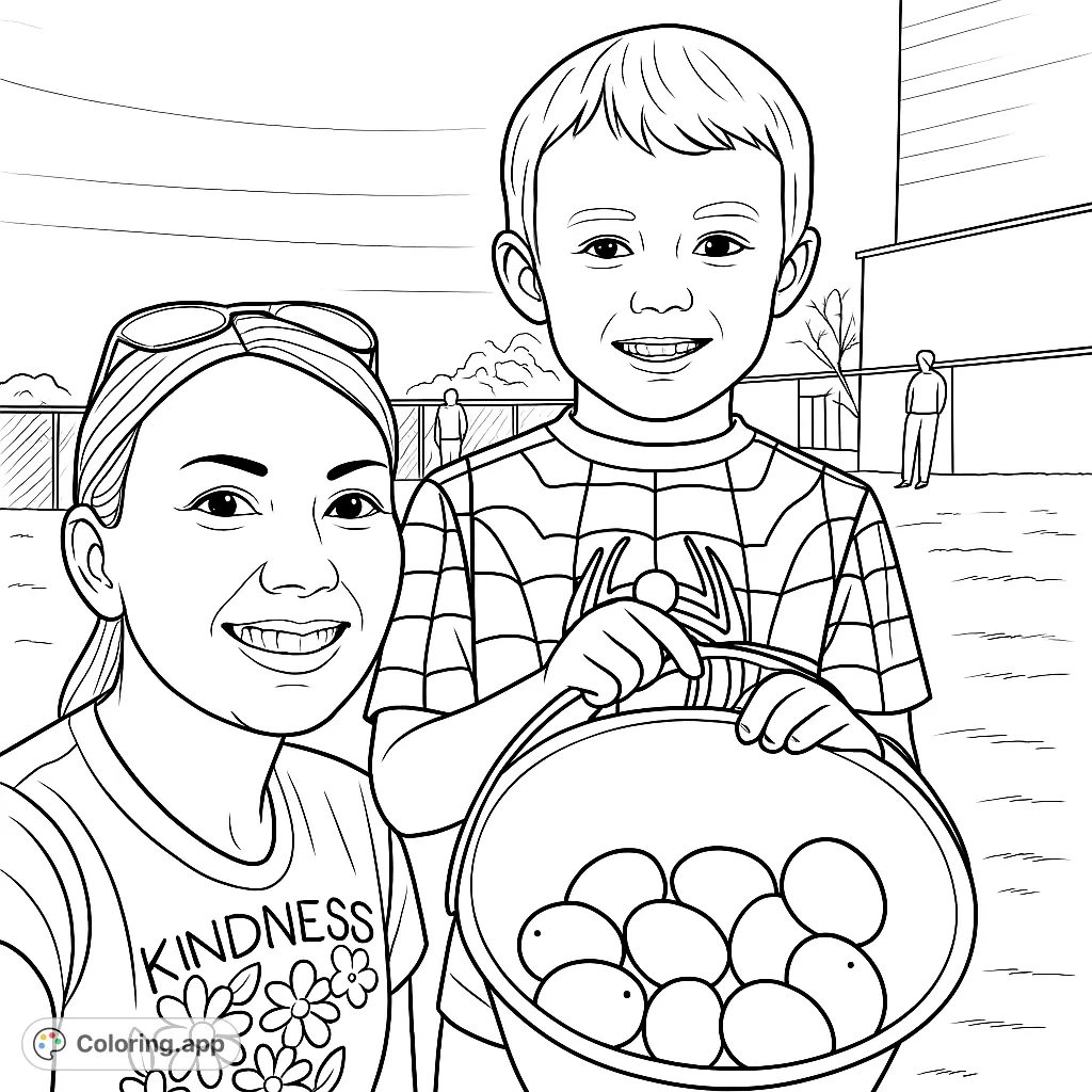 A joyful boy and woman with a bucket full of Easter eggs, perfect for spring celebrations. A free printable Easter egg hunt coloring page for kids and adults.