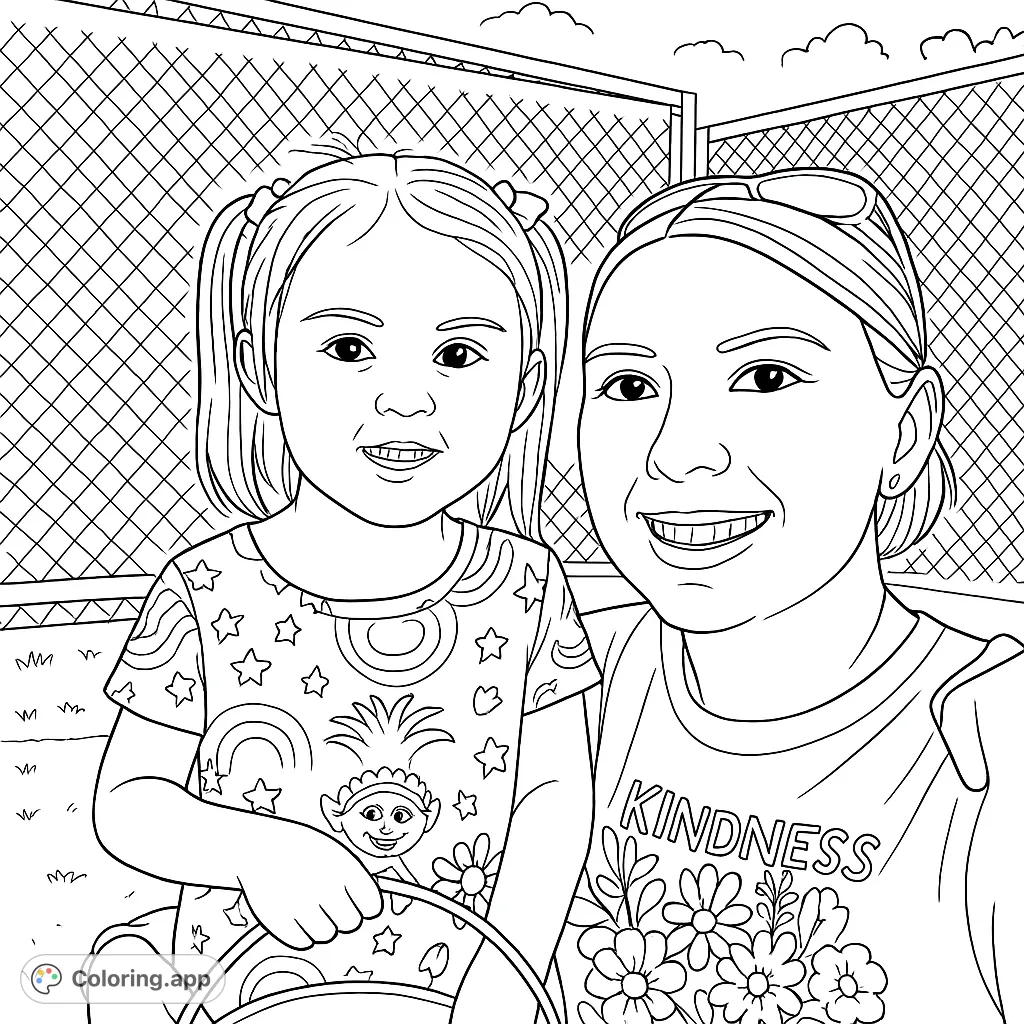 A heartwarming mother and daughter duo smiling outdoors, ready for a fun coloring adventure. Features detailed clothing patterns and a simple background.