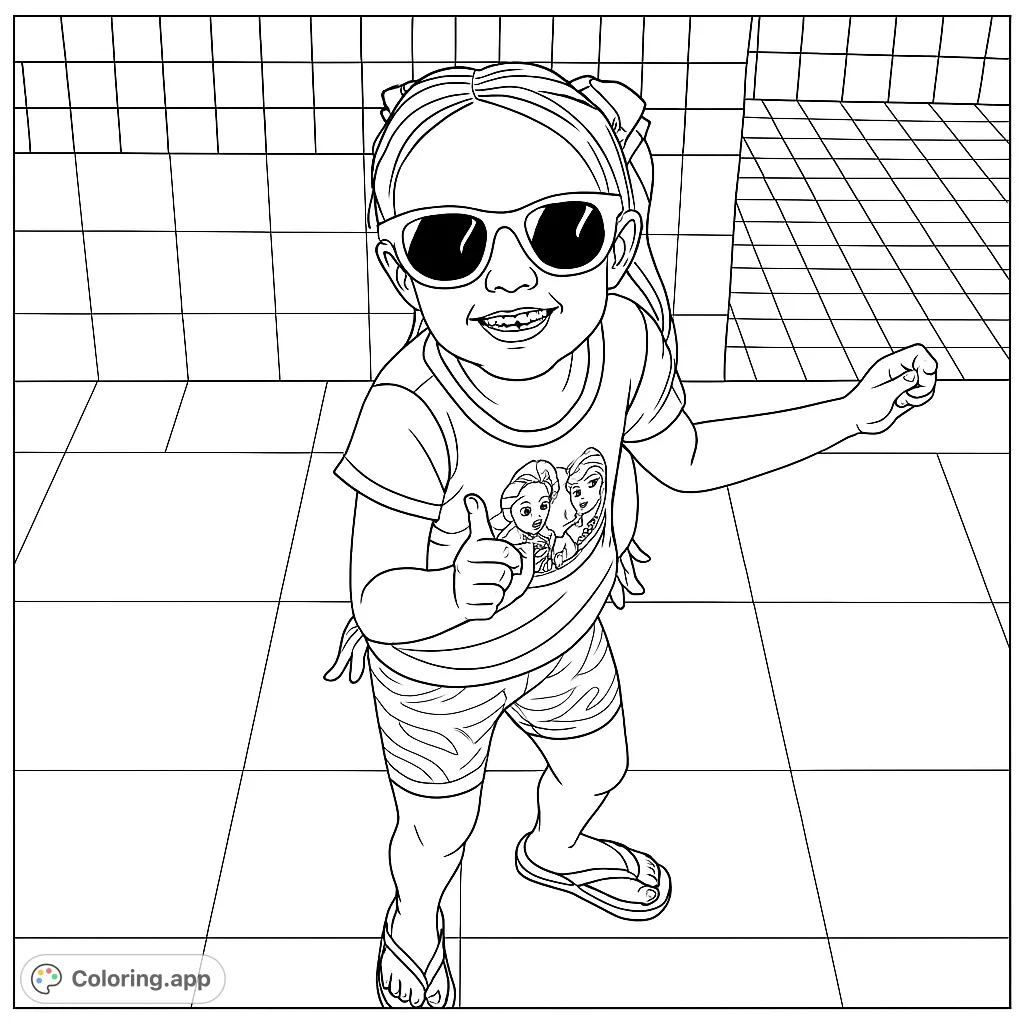 A cheerful girl in stylish sunglasses and pigtails, ready for fun. This free printable coloring page captures a playful moment, perfect for kids and adults.