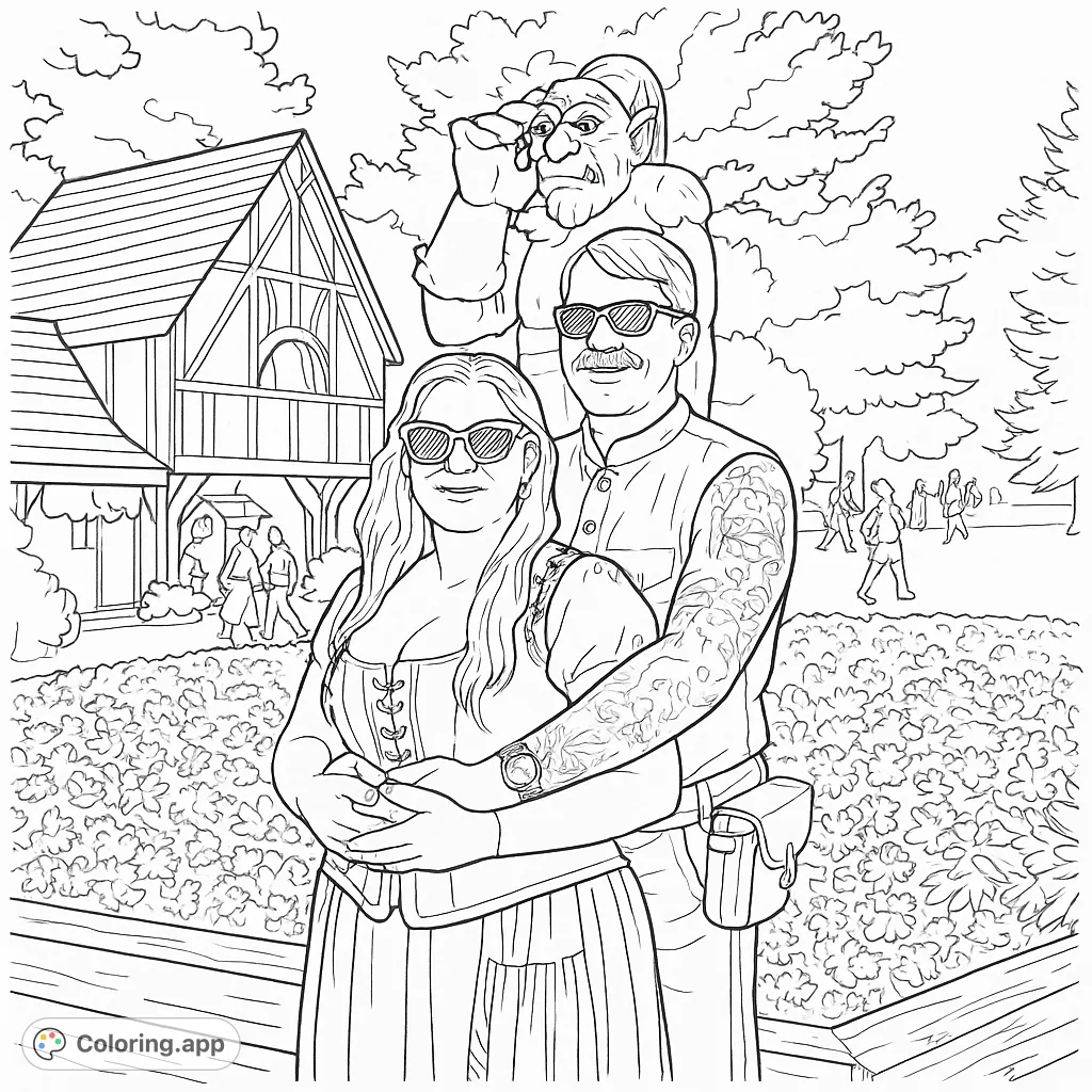 A couple embraces at a vibrant Renaissance Faire, featuring a giant statue, Tudor building, and flower beds. A free printable fantasy coloring page.
