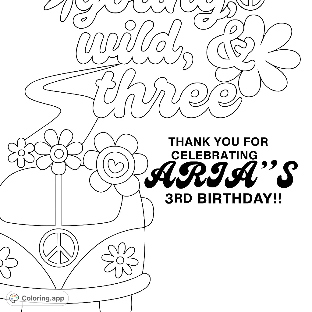 A groovy retro hippie van adorned with flowers and peace signs, driving on a winding road. A fun, nostalgic coloring page.