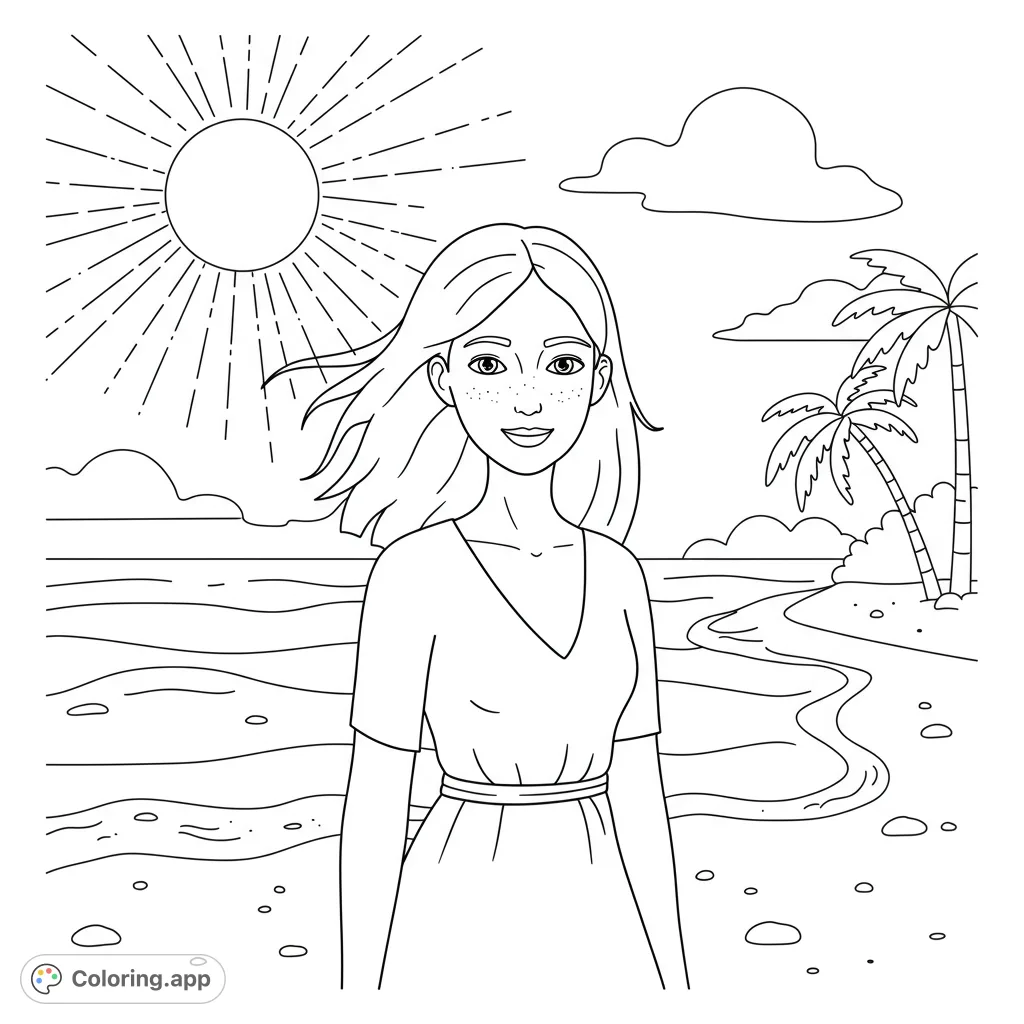 A joyful wife enjoys a sunny day on a serene beach. Perfect for a relaxing coloring experience, capturing the warmth of summer.