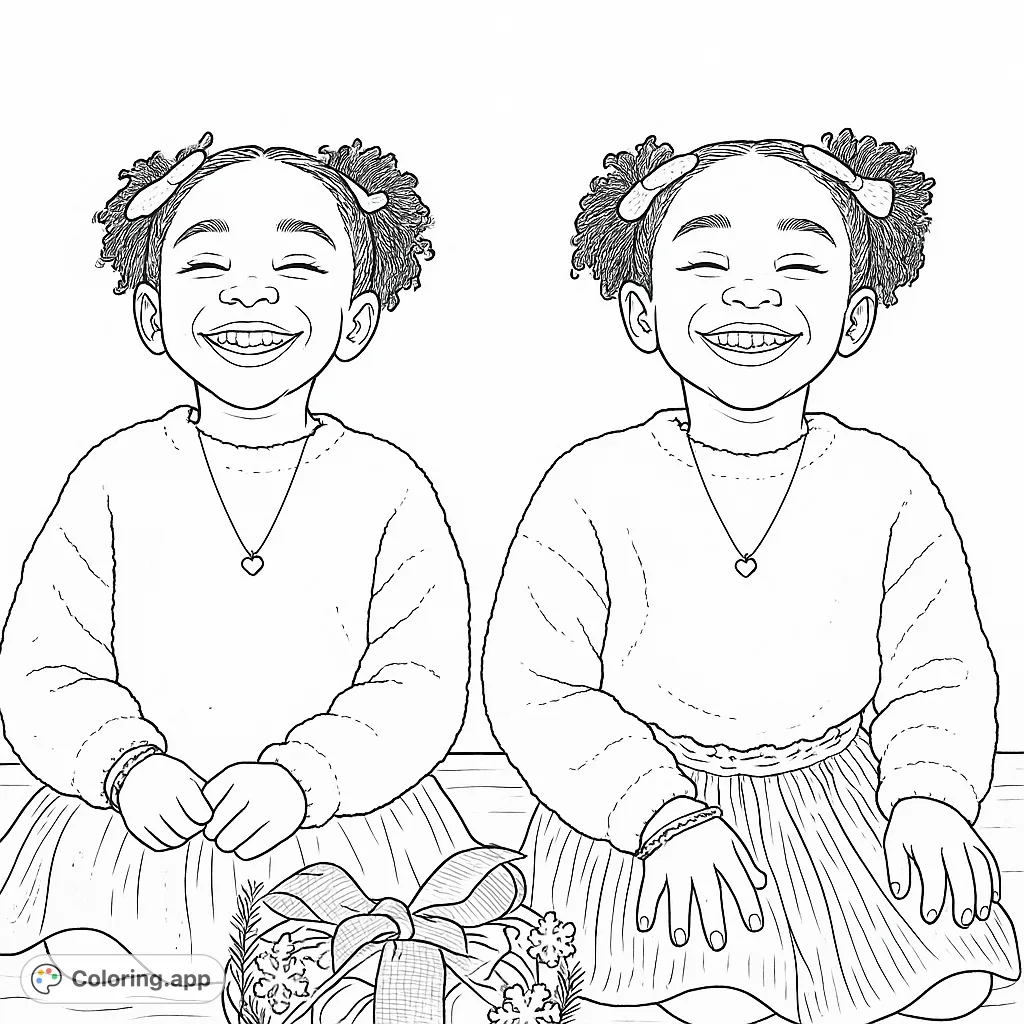Capture the joy of two smiling twin girls with a festive gift. A heartwarming scene perfect for young artists and holiday cheer.