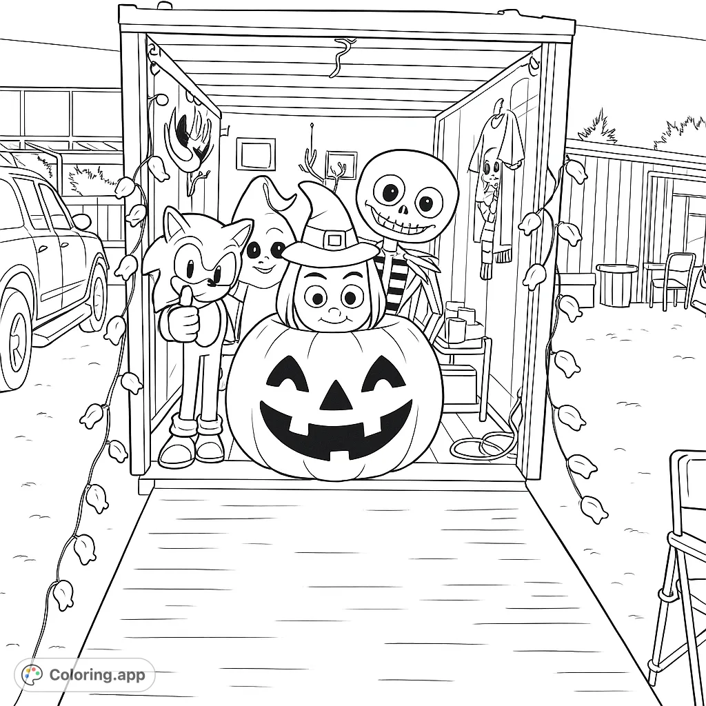 A festive Halloween scene featuring a grinning jack-o'-lantern, a witch, ghost, and skeleton inflatables, framed by decorative lights.