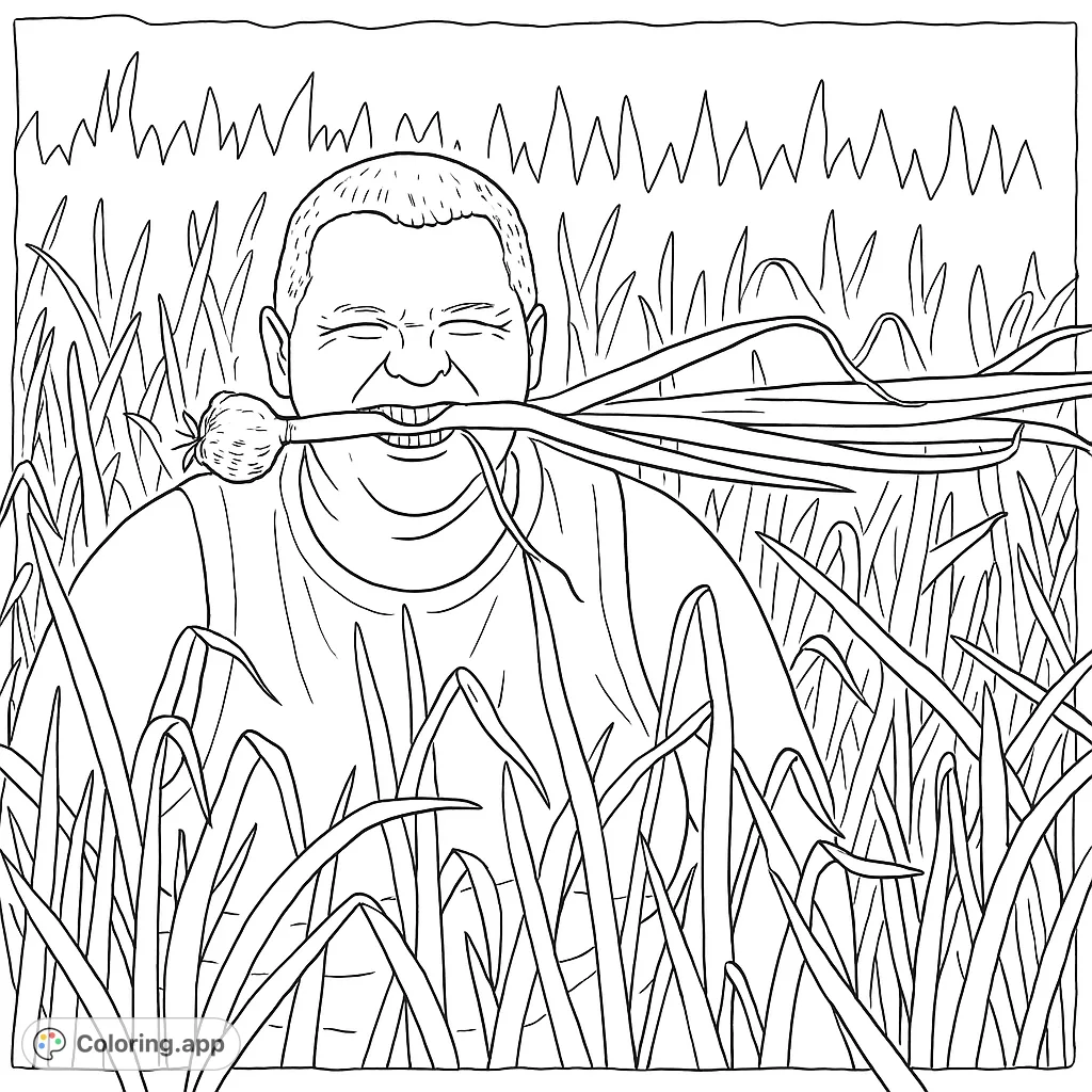 A cheerful person in a field, playfully holding a garlic bulb with its long stalk in their mouth. A fun farm-themed coloring page for all ages.