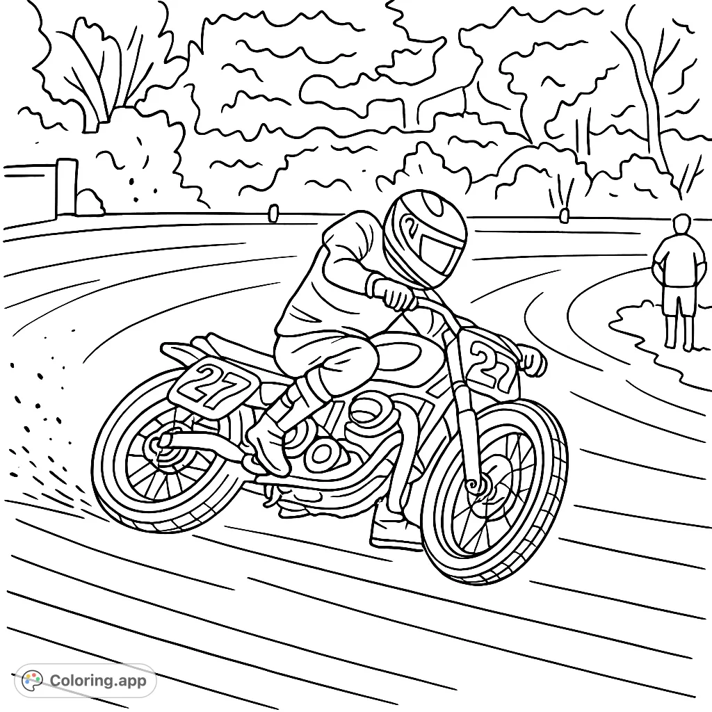 Experience the thrill of flat track racing with this dynamic motorcycle racer coloring page. Capture the speed and excitement of the dirt track.