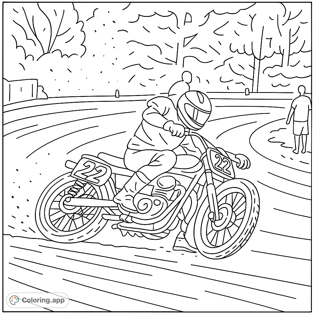 Experience the thrill of flat track racing with this dynamic motorcycle racer coloring page. Perfect for speed enthusiasts and motor sports fans.