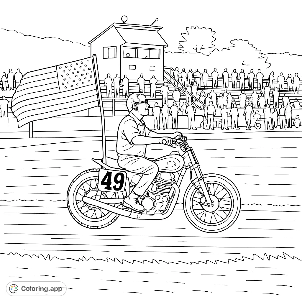 A powerful motorcycle rider carries a flowing flag on a dirt track, surrounded by spectators. A tribute to remembrance and freedom.