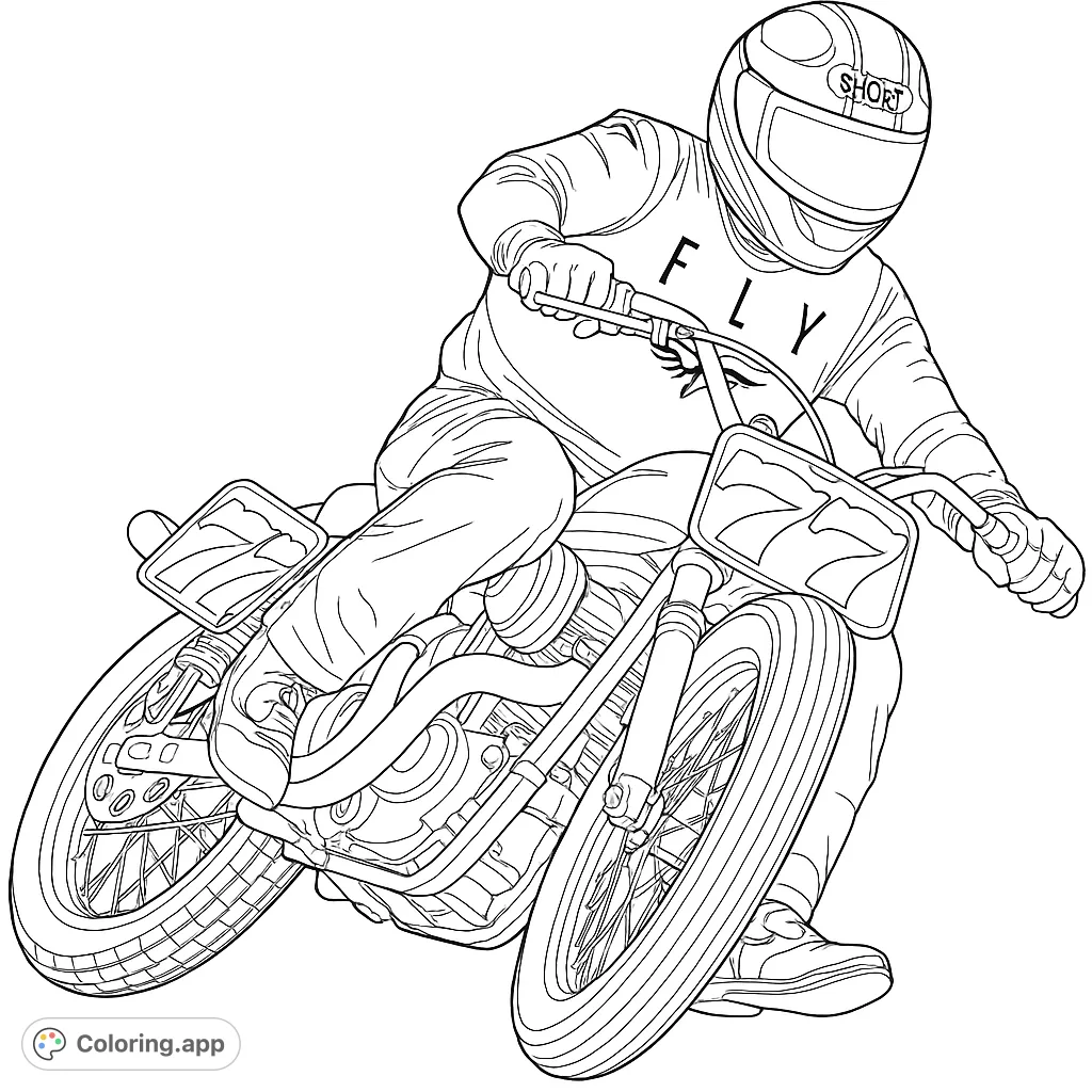 Dynamic dirt bike racer leaning into a turn, showcasing speed and skill. Perfect for motor sports fans to color and bring to life.