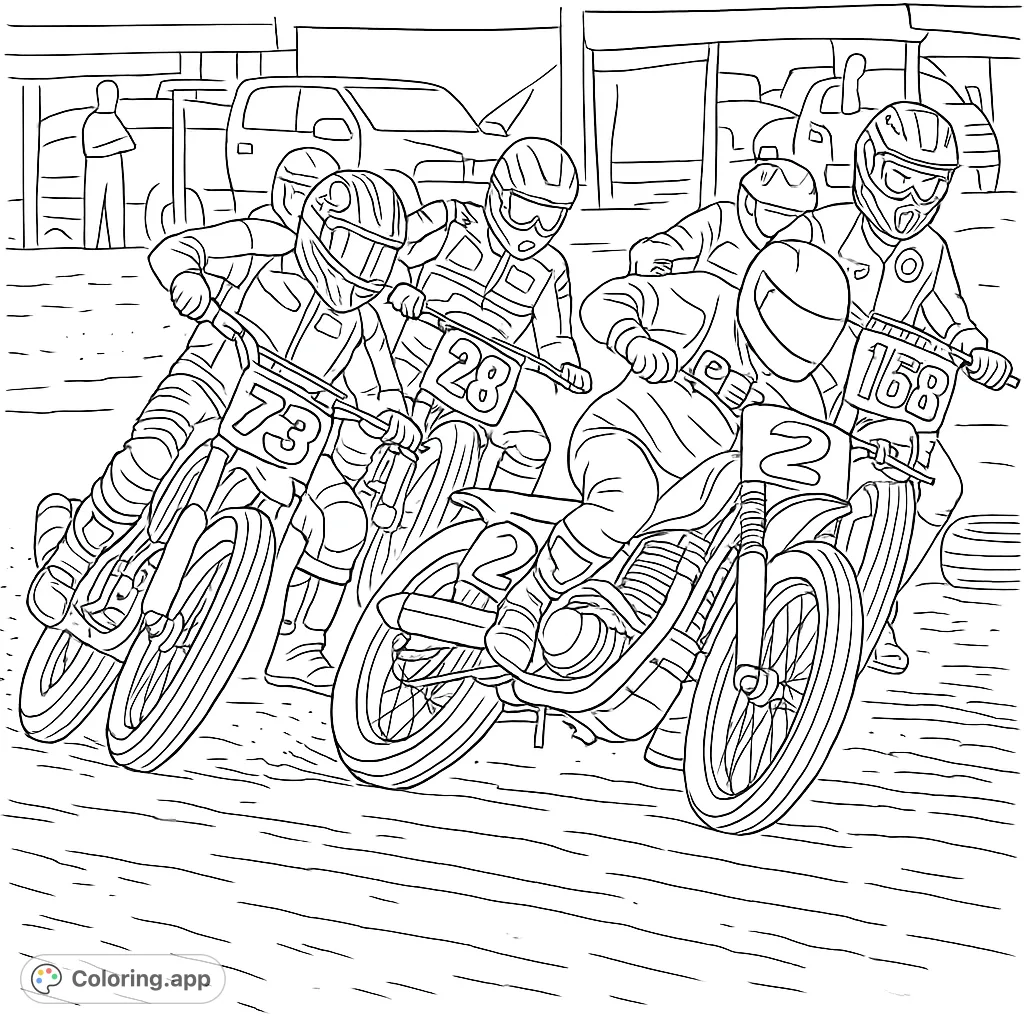 Dynamic motorcycle race scene with riders leaning into a turn, kicking up dust. Perfect for speed enthusiasts and motorsports fans.