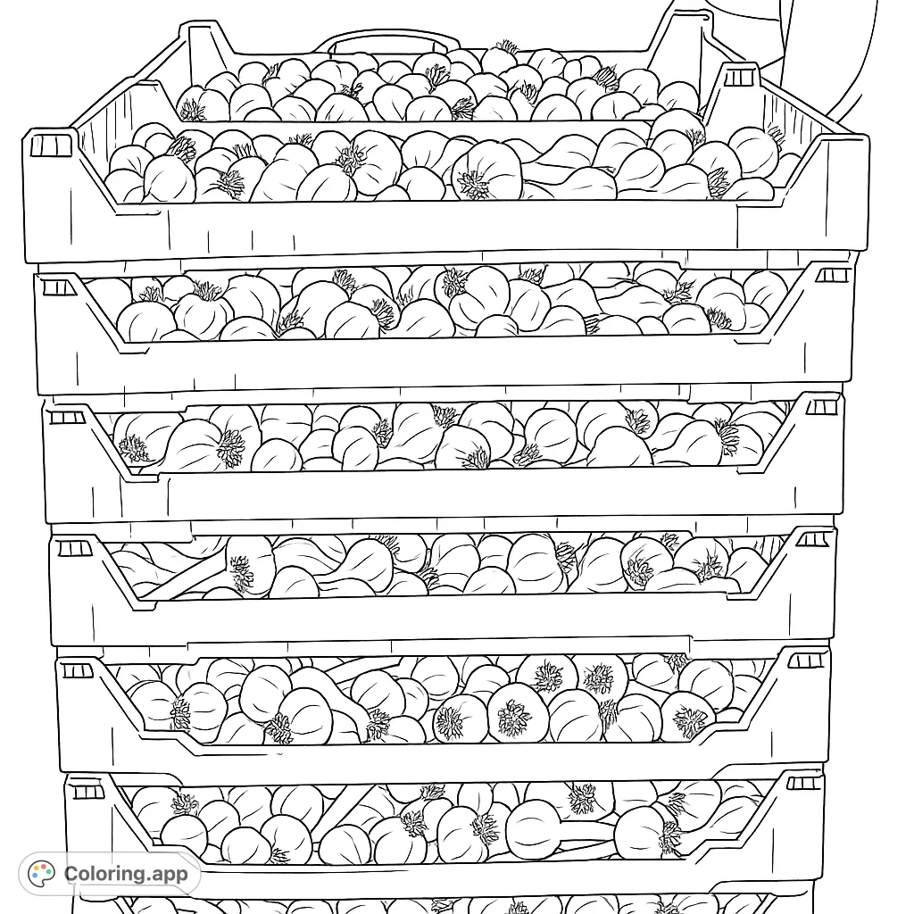Explore a bountiful harvest with this garlic coloring page! Stacked crates overflow with detailed garlic bulbs, perfect for a relaxing farm-themed coloring experience.