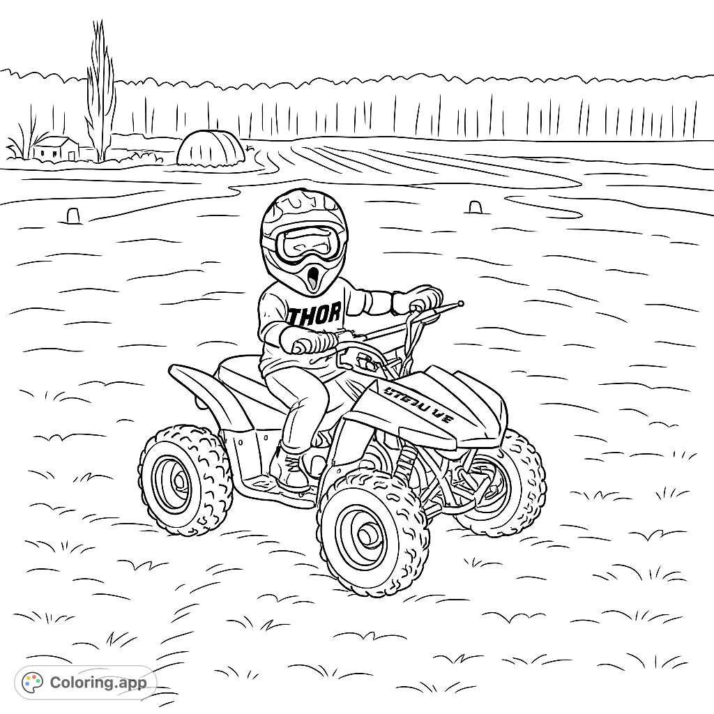 Exciting ATV adventure coloring page featuring a young rider in full gear on a powerful quad. Perfect for motor sports fans and aspiring adventurers!
