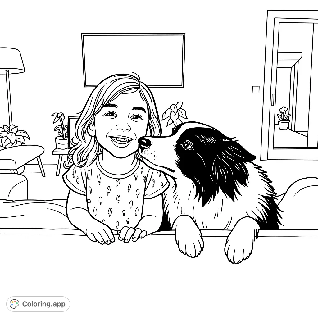A joyful child and their furry dog friend peeking over a couch, ready for a fun coloring adventure. Perfect for kids and pet lovers!